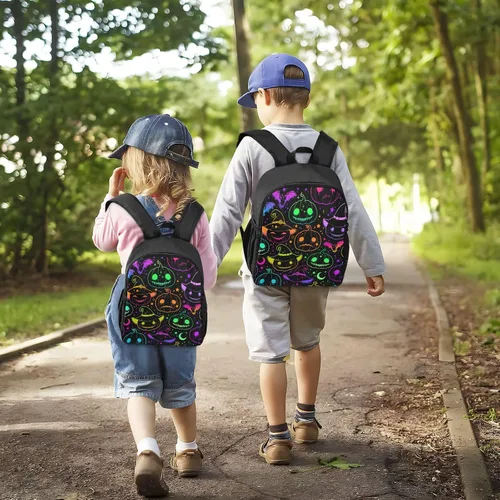 Vista 7 de Mochila colorida de calabaza de Halloween para niños pequeños, mini mochila impermeable para niños y niñas, mochila pequeña linda para jardín