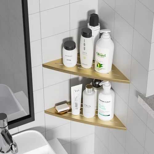 Vista 3 de Qeke Estante esquinero de ducha dorado cepillado, acero inoxidable 304 de 11.5 pulgadas, estante esquinero empotrado de baño para pared de azulejos