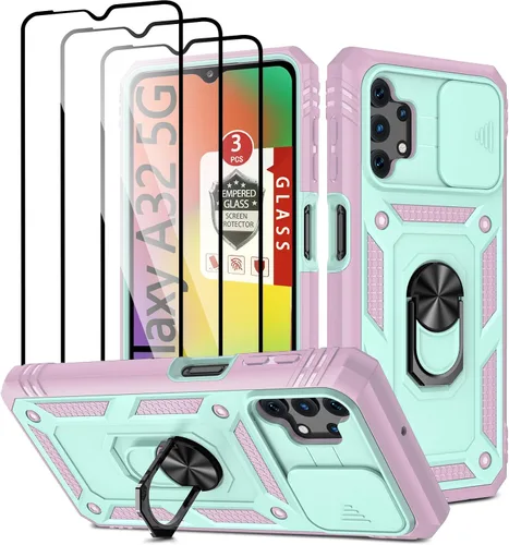 Vista 8 de Funda para Galaxy A32 5G, para Galaxy A32 con 3 protectores de pantalla de vidrio templado con soporte integrado + cubierta de cámara, carcasa