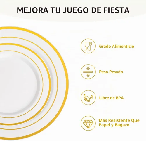 Vista 3 de AOZITA Juego de 200 piezas de platos de plástico dorados, platos desechables resistentes para fiesta y boda, incluye 100 platos de cena y 100 platos