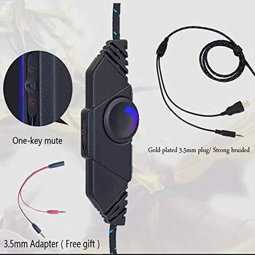 Vista 5 de CAMKONG - Auriculares de diadema para juegos con micrófono para PS4 Xbox One PC cómodos estéreos iluminación LED reducción de ruido y control