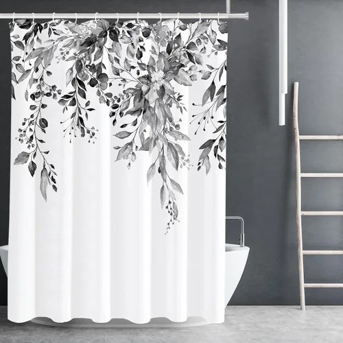 Vista 21 de Tititex - Juego de cortinas de ducha de eucalipto negro, hojas de acuarela gris en la parte superior, con decoración floral de baño, 60 x 72