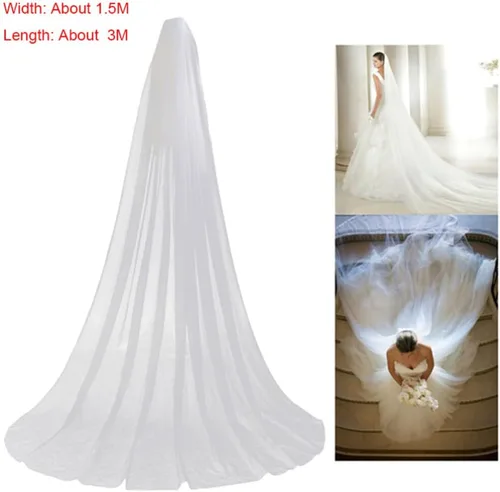 Vista 7 de TENDYCOCO Velo largo de boda de una sola capa suave tul catedral capilla piso velos con peine, Blanco