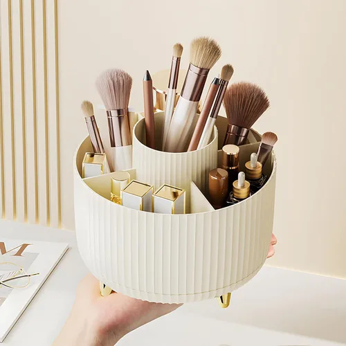Vista 17 de Organizador para brochas de maquillaje, organizador de brochas de maquillaje giratorio 360°, taza con 5 ranuras para brochas de maquillaje