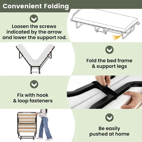 Vista 6 de KOMFOTT Cama plegable con colchón de espuma viscoelástica de 4 pulgadas, cama plegable para invitados con marco de acero resistente, cuna portátil