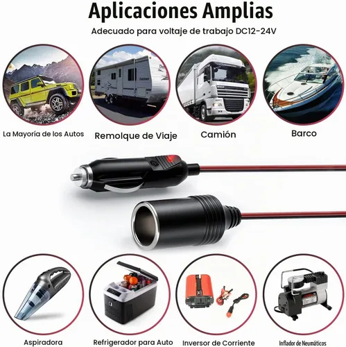 Vista 6 de Cable de extensión de encendedor de cigarrillos resistente de 12V/24V 16AWG de 4.9 pies, adaptador de cable de extensión de enchufe macho a hembra