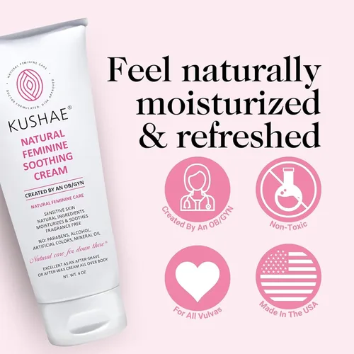 Vista 6 de Kushae Crema calmante femenina para después del afeitado, hecha por obstetra/ginecología, natural, sin fragancia, a base de aloe, hidratante íntimo