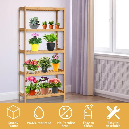 Vista 6 de Kinsuite Estante de almacenamiento de bambú de 5 niveles multifuncional de bambú para baño, cocina, sala de estar