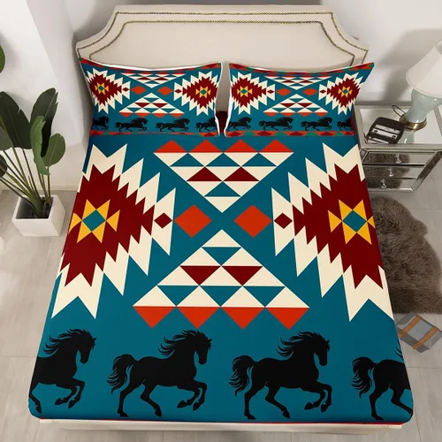 Vista 44 de Juego de ropa de cama de estilo bohemio occidental, tamaño individual, diseño de vaca atrapasueños, sábana bajera ajustable del suroeste, tribu