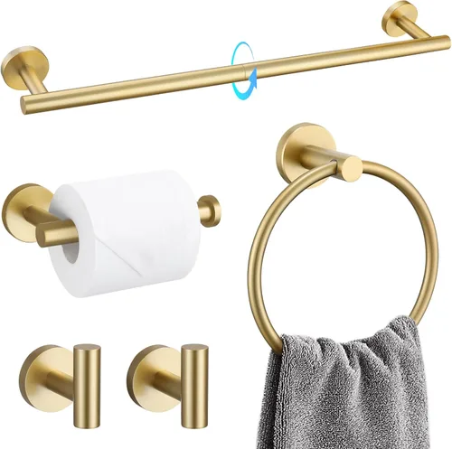 Vista 12 de TQKAG Juego de accesorios de baño negro y dorado de 5 piezas, juego de toalleros redondos de acero inoxidable de 23.6 pulgadas para baño montado