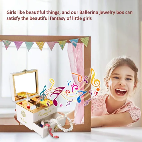 Vista 2 de Coherny Joyero musical para niñas, caja de música de bailarina giratoria, organizadores de joyas con cajones de espejo, regalos de Pascua