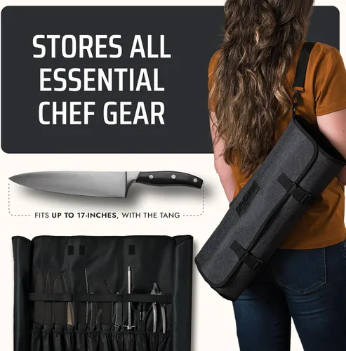 Vista 4 de Asaya Bolsa enrollable para cuchillos de chef, 20 bolsillos en total para cuchillos y utensilios de cocina, fabricada con nailon encerado resistente