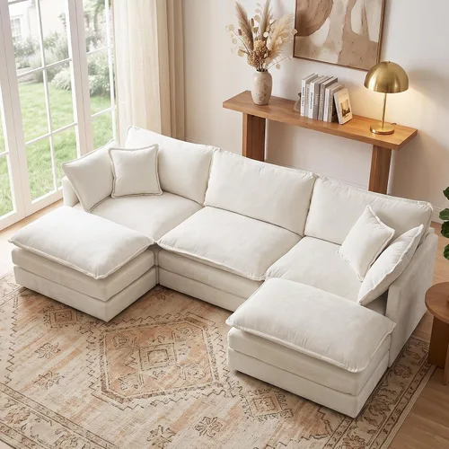Vista 45 de Sofá individual modular de chenilla con otomana, sofá nube con almohada, color beige