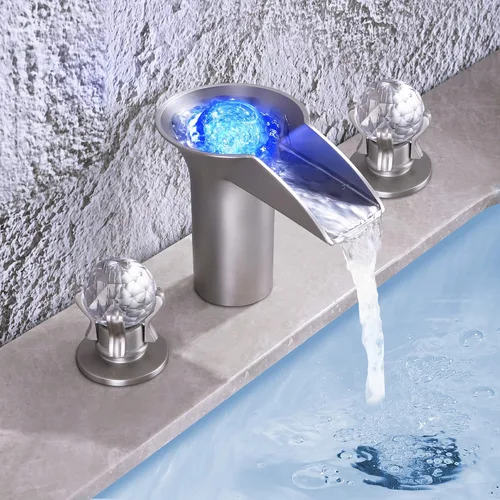 Vista 3 de SKOWLL Grifo de fregadero de baño de níquel cascada LED bola de cristal