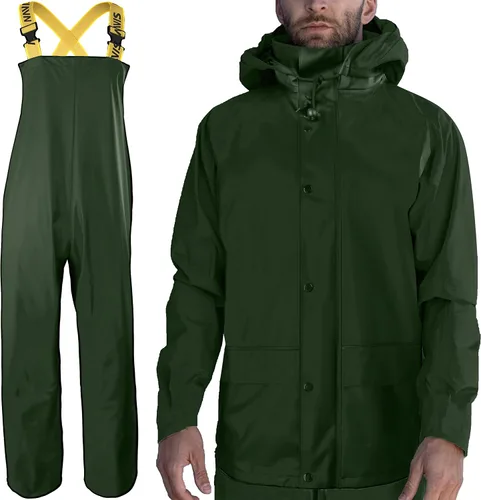 Vista 2 de FWG Traje de lluvia para hombre, chaqueta de trabajo impermeable resistente y pantalones con capucha