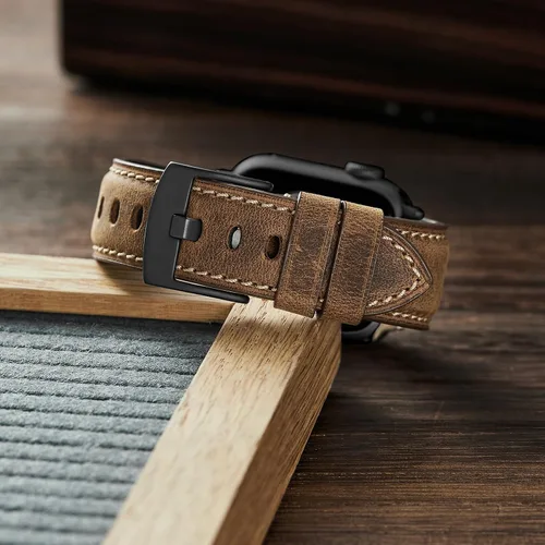 Vista 4 de Genuine Leather Watch Band Compatible with Apple Watch,Italian Cowhide,Retro Style,Black Buckle,Golden Brown and Chestnut Brown,38/40/41mm and