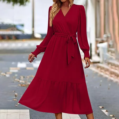 Vista 7 de Vestidos bohemios para mujer, vestido fiesta cóctel fluido gradas, puños ahumados, cuello en V, cintura con lazo