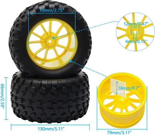 Vista 2 de 4PCS RC Rubber Tire 0.472 in Hex RC Ruedas y Neumáticos Escala 1/10 Coche Monster Truck Neumáticos Gravel Tread w/5 Radios Rueda Rim Amarillo RC