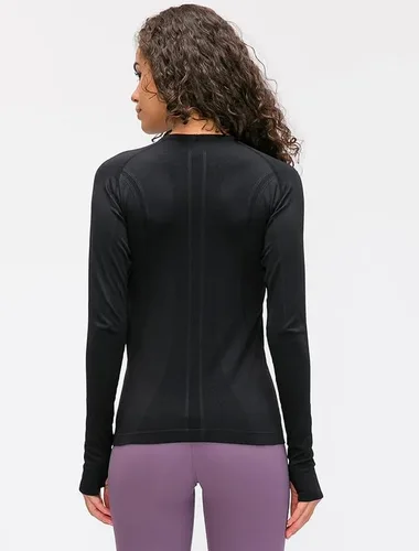 Vista 9 de Camiseta sin costuras para mujer, de manga larga, perfecta para yoga, gimnasio, para deportes y fitness, ajuste entallado