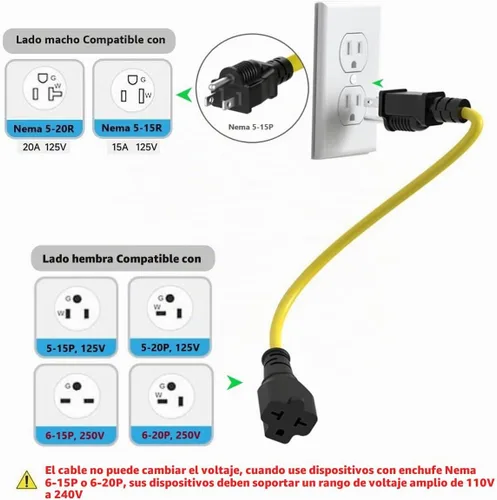 Vista 5 de Cable adaptador de hoja T de 1 pie y 15 amperios para el hogar a 20 Amp T NEMA 5-15P a 5-20R 5-15R 6-15R 6-20R (4 en 1) Cable adaptador de enchufe