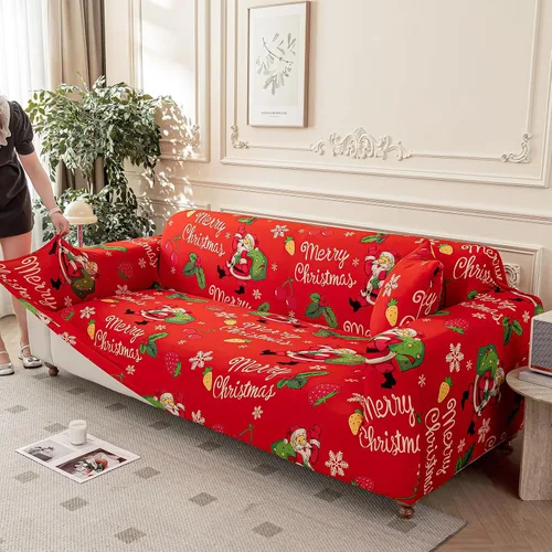 Vista 2 de Yiran Funda elástica para sofá de Navidad, protector de muebles rojo con Santa Claus y copos de nieve, funda para sofá con parte inferior elástica