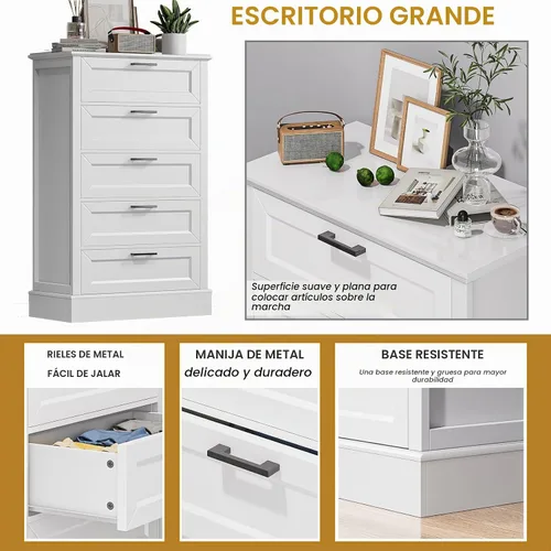 Vista 5 de ZLWJGY Cómoda blanca para dormitorio, cómoda de madera con 5 cajones, cómoda para dormitorio, sala de estar, entrada, pasillo, asas negras