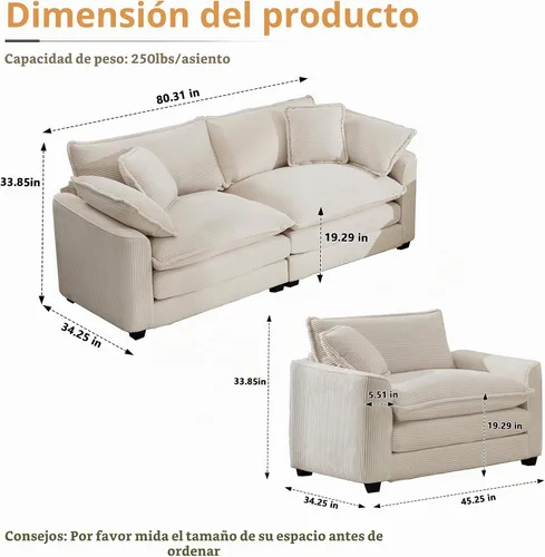 Vista 2 de mikibama Juego de sofá de lujo de 2 piezas, sofá de dos plazas y sillón, juego de sofás de pana moderna cómodos tipo nube para sala de estar