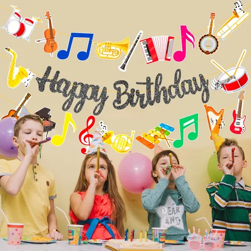 Vista 8 de Cartel de fiesta de cumpleaños con purpurina negra para instrumentos musicales, guirnalda de instrumentos musicales para tema de músico, suministros