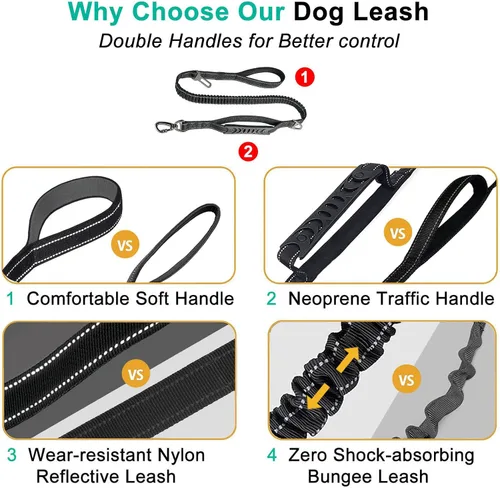Vista 3 de Correa para perros grandes y medianos resistente, correas elásticas para perros con soporte para bolsa de excrementos y cinturón de seguridad