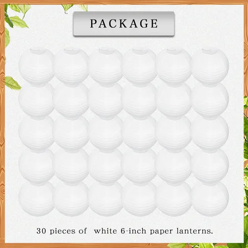 Vista 3 de Juego de 30 linternas de papel blanco, faroles colgantes chinos japoneses redondos de 6 pulgadas para bodas, despedidas de soltera, cumpleaños