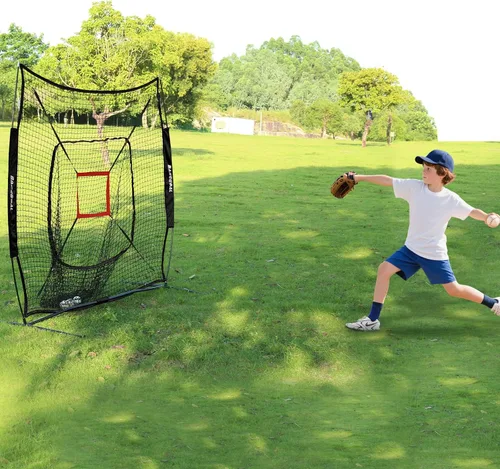 Vista 6 de BaseGoal Red de práctica de sóftbol de béisbol de 7 x 7 pies, respaldo de béisbol, con camiseta de bateo, para golpear lanzar, batear, atrapar