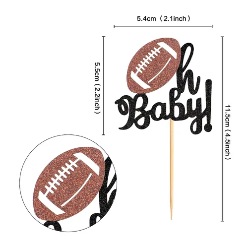 Vista 2 de Ercadio Paquete de 24 adornos para cupcakes de fútbol americano Oh Baby - Púas de rugby con purpurina negra para temática deportiva, baby shower