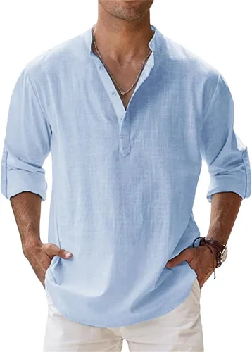 Vista 14 de Camisas de lino para hombre, de manga larga, con botones, de algodón, lino, talla grande, cuello de banda, color sólido, camisa de playa