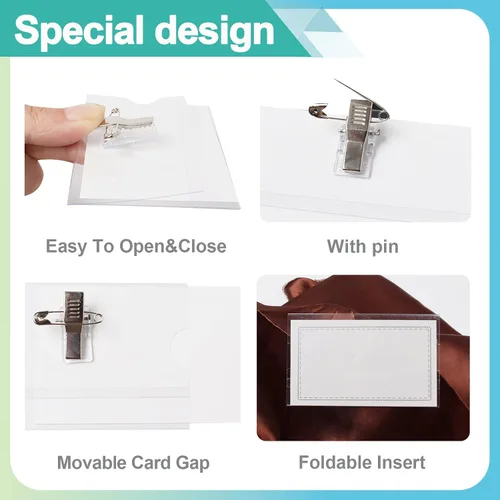 Vista 3 de Anjmd Paquete de 60 portatarjetas de identificación con clips combinados horizontales estilo pin para tarjetas de identificación con insertos