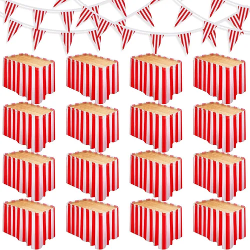 Vista 8 de Tegeme Paquete de 15 faldas de mesa de carnaval a rayas rojas y blancas, 165 x 30 pulgadas, manteles desechables de carnaval con banderines a rayas