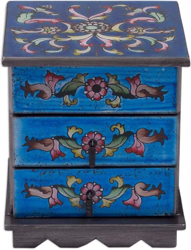 Vista 2 de NOVICA Joyero de madera y vidrio pintado inverso, azul 'Celestial Blue