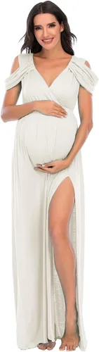 Vista 3 de ZIUMUDY - Vestido de maternidad con hombros descubiertos y cuello en V, envolvente, para sesiones de fotos y baby shower, maxi