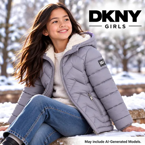 Vista 7 de DKNY Chaqueta acolchada para niñas - Chaqueta acolchada de sherpa completa forrada con escudo glaciar de longitud media para niños con aislamiento