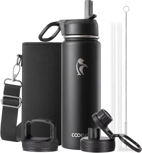 Vista 26 de Coolflask Botella de agua de 20 onzas aislada con pajilla, 3 tapas de metal de acero inoxidable, botella de agua de boca ancha para deportes u