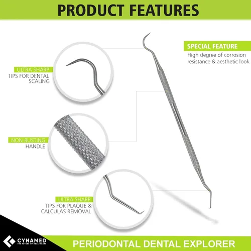 Vista 2 de CynaMed Kit de cuidado bucal de herramientas dentales (paquete de 3) – Púa dental de acero inoxidable, raspador de sarro, raspador, pinzas y espejo