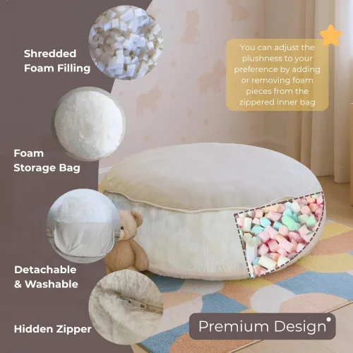 Vista 4 de Silla de Puf Wonder Space – Relleno de Espuma Suave Funda Desmontable y Lavable Tela Ultrasuave de Felpa - Cojín de Piso Minimalista para Niños