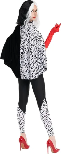 Vista 3 de Disfraz de Cruella para mujer, disfraz de Halloween para adultos, disfraz sexy de villana dálmata, disfraz de Cruella de Vil, conjunto de 5 piezas