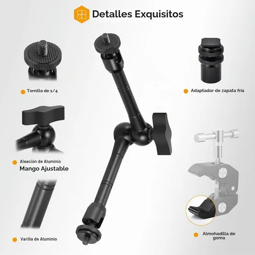 Vista 6 de TARION Brazo mágico con súper abrazadera – 11 pulgadas/11.0 in articulada ajustable montaje de cámara de fricción y abrazadera con rosca de 1/4