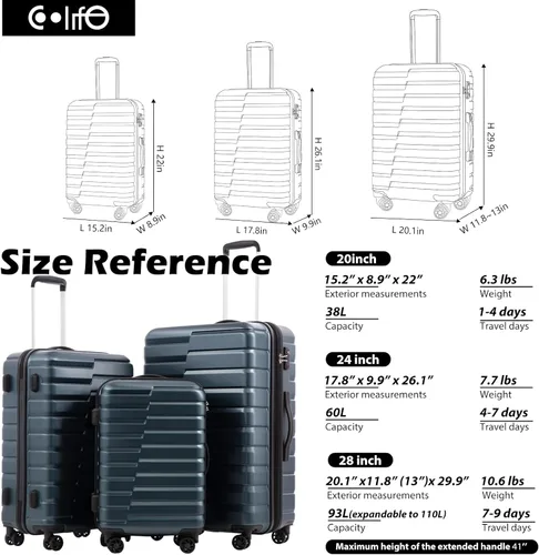 Vista 7 de Coolife Maleta extensible para equipaje PC ABS TSA Lock Spinner Llevar en juegos de 3 piezas, Azul