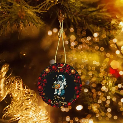 Vista 5 de Retro Astronaut with Boombox Ceramic Christmas Ornament, Double-Sided Hanging Decor