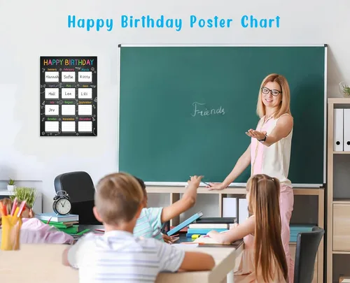 Vista 3 de JUESMOS Póster de pizarra de feliz cumpleaños para decoración de aula, calendario de cumpleaños, tabla de cumpleaños para decoración de tablón