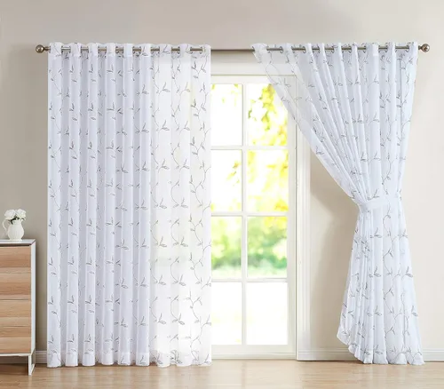 Vista 6 de Cortinas LinenZone de piso a techo para ventanas extra anchas. Cortinas transparentes blancas para divisores de habitación con bordado de hojas rosa