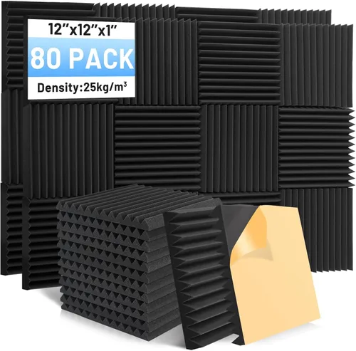 Vista 11 de Focusound Paquete de 12 paneles de espuma acústica de 1 x 12 x 12 pulgadas con paneles de cuña autoadhesivos de alta densidad para estudio, oficina
