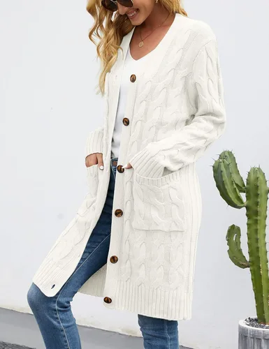 Vista 7 de MEROKEETY - Cárdigan largo de punto trenzado para mujer, suéter tejido de manga larga, abierto por delante y con botones, ropa para exteriores