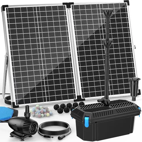 Vista 9 de Antfraer Kit de bomba de fuente solar de 12 W y filtro de estanque, sistema de filtración integrado con 4 boquillas, filtro de estanque de tubo